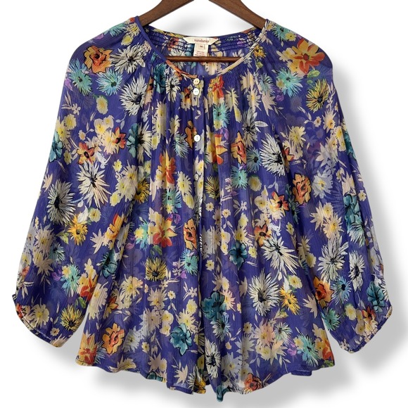 Sundance Tops - Sundance Blouse M Purple 100% Silk Floral Sheer Peasant Top Boho Cottagecore